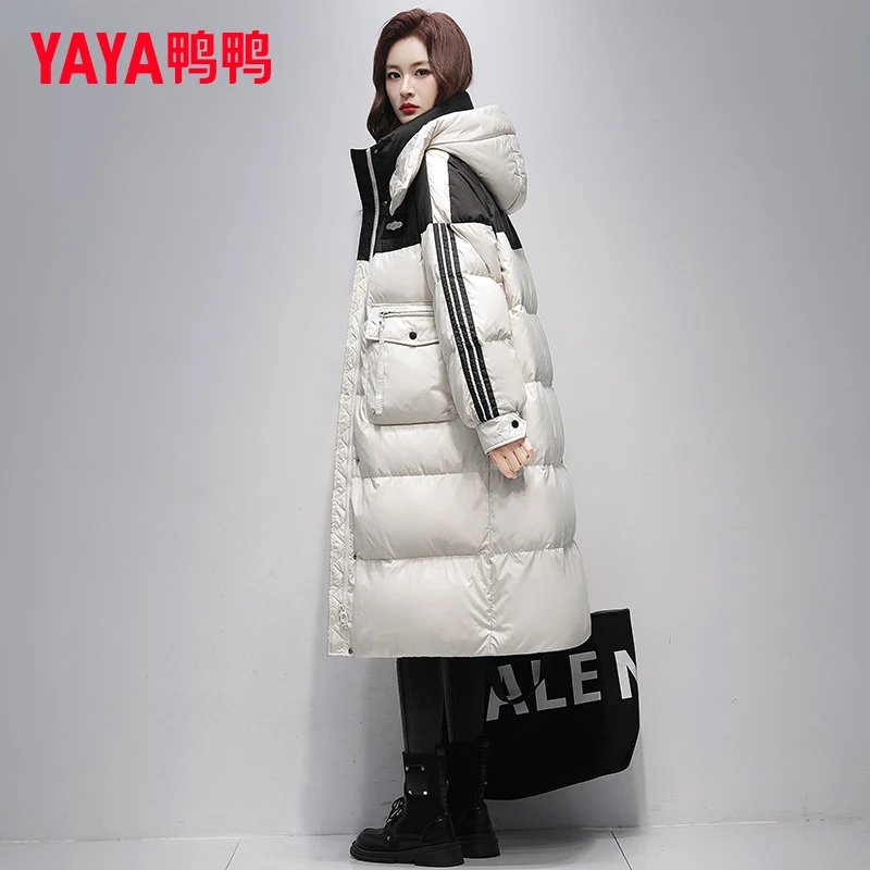 YAYA/鸭鸭撞色羽绒服女长款2025冬新款时尚韩版加厚保暖连帽外套