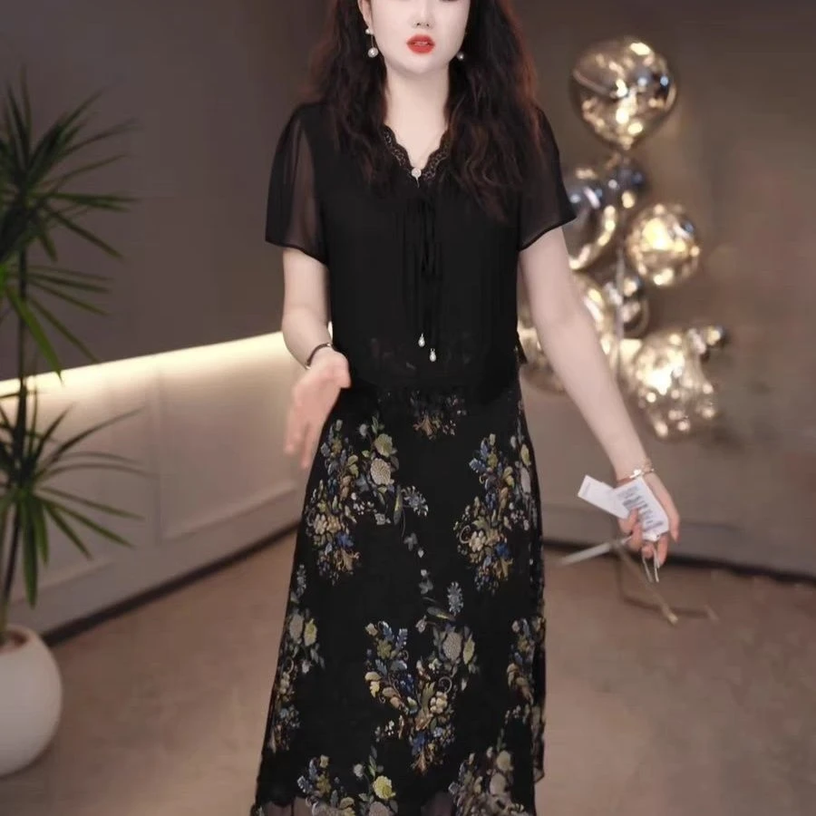 高级琉璃丝时尚洋气百搭碎花中长款礼服裙2025夏季新款显瘦连衣裙