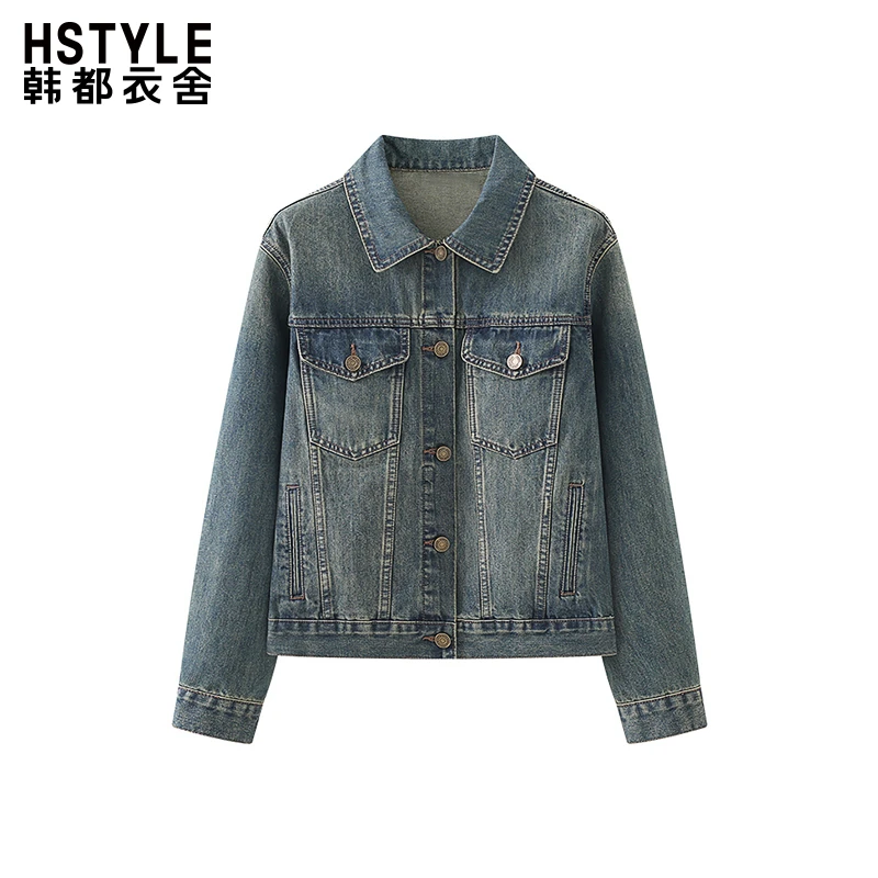 韩都衣舍时尚复古港风翻领简约长袖牛仔外套女休闲上衣春季新款