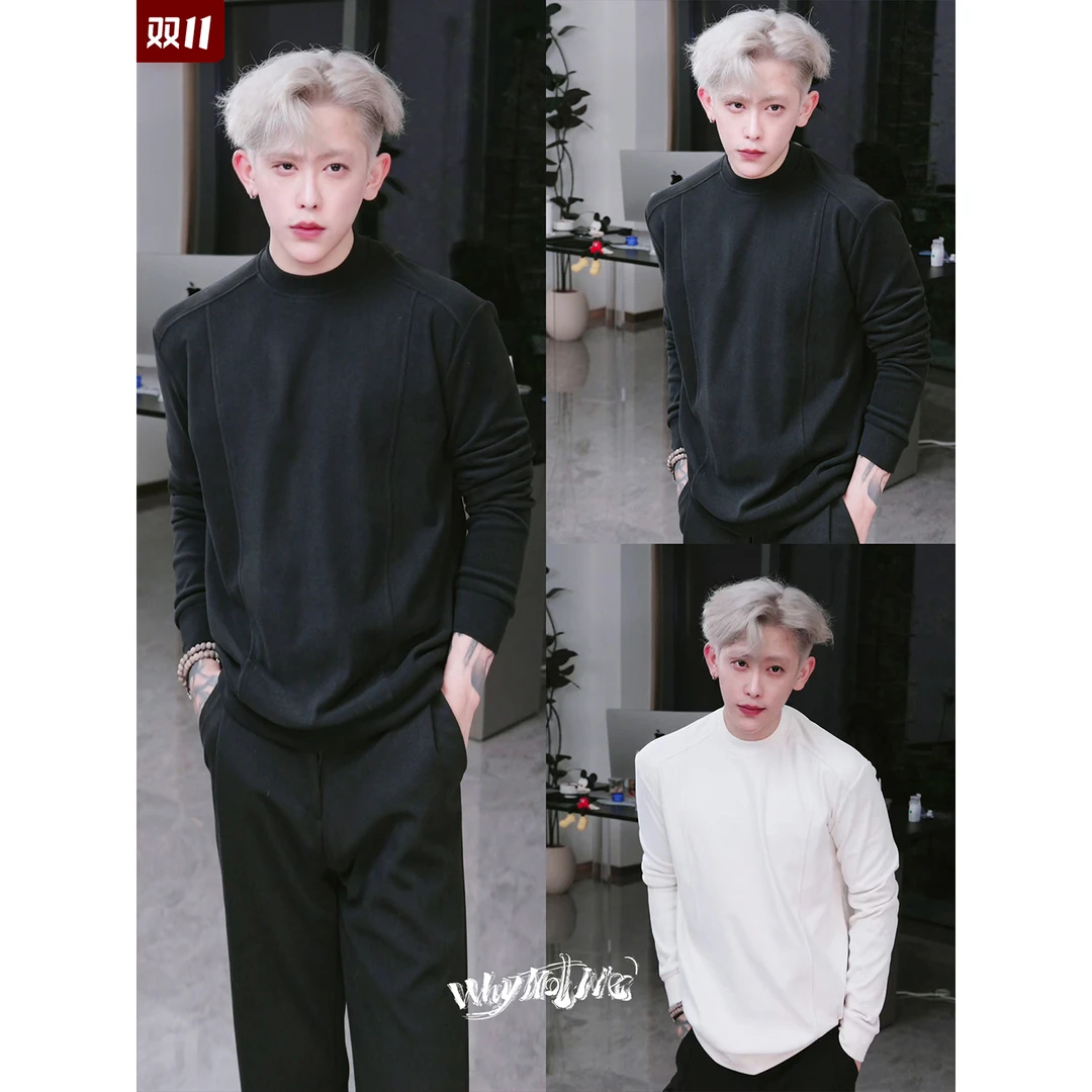 序77秋冬新款 重磅双面德绒正肩百搭基础T高领长袖打底内搭男卫衣