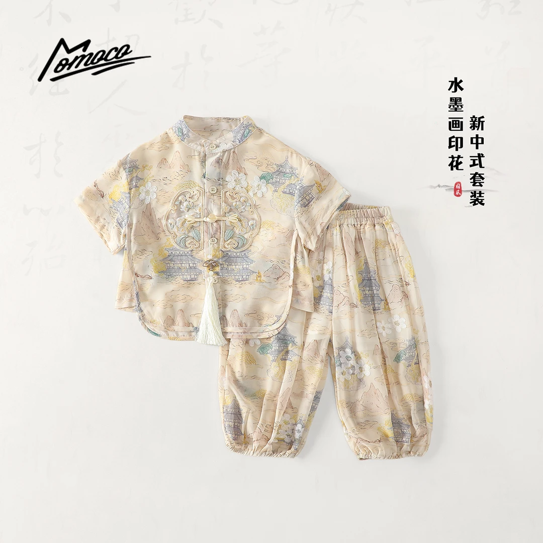MOMOCO男女童夏季新款新中式宽松短袖九分裤两件套77230578419