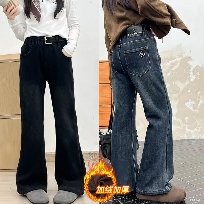女大童牛仔裤冬季新款显瘦女童高腰直筒外穿宽松加绒加厚儿童冬款