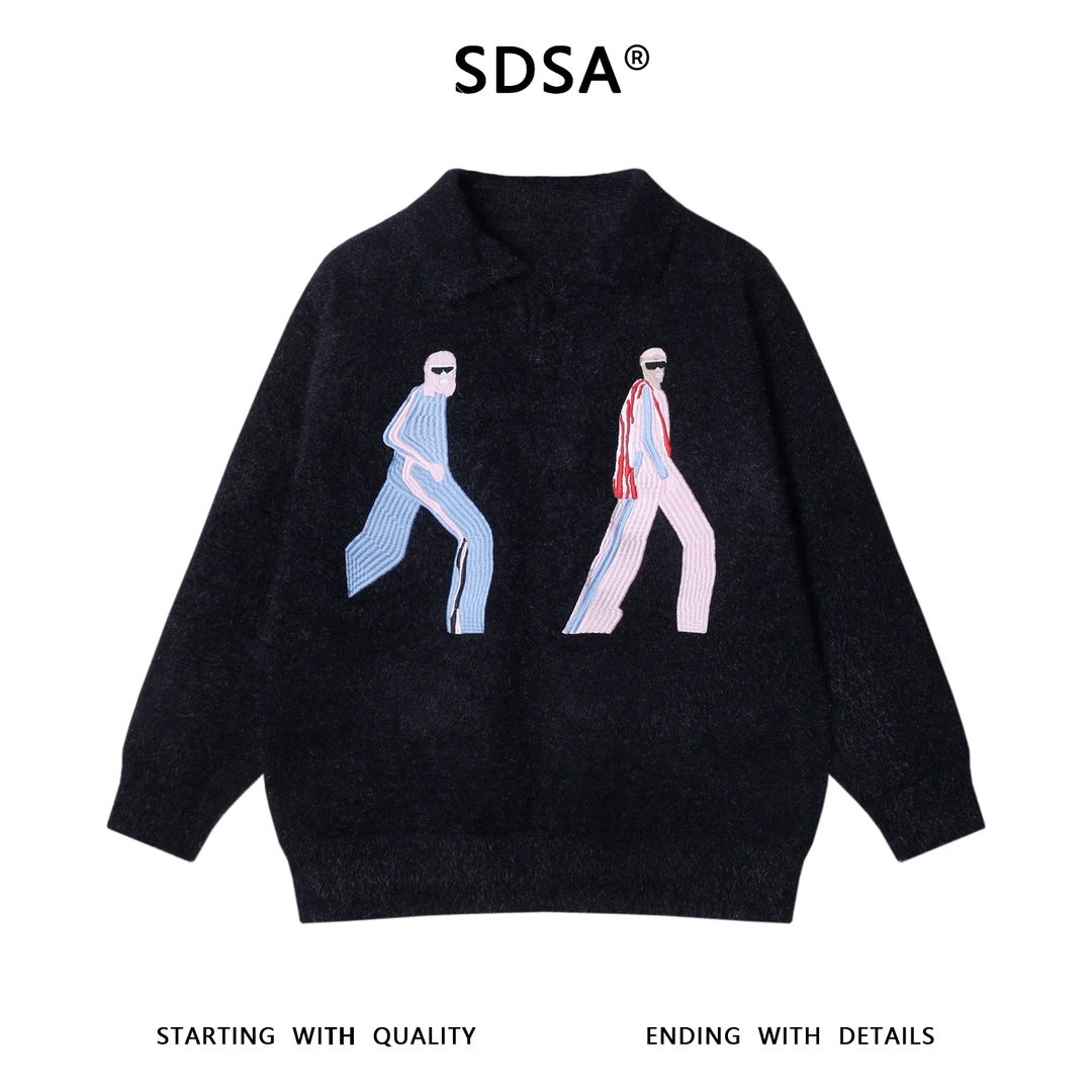 SDSA男士秋冬新款痞帅男装复古毛衣抽象刺绣人物翻领针织衫百搭