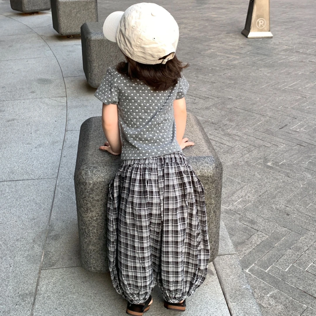 小思家女童2025夏季新款韩版休闲宽松波点短袖T恤格子气球裤套装