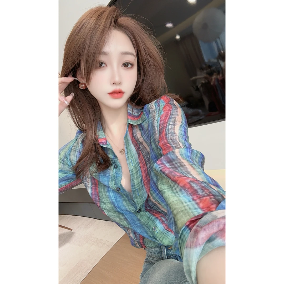 【陈陈私服】复古时尚小众设计感拼色衬衫防晒翻领长袖衬衣25060505