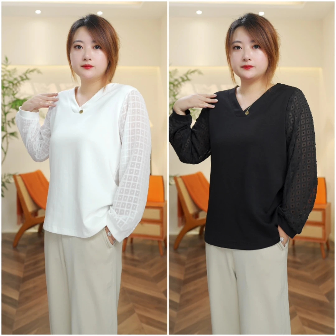胖mm宽松网纱拼接长袖T恤女士大码显瘦时尚秋装