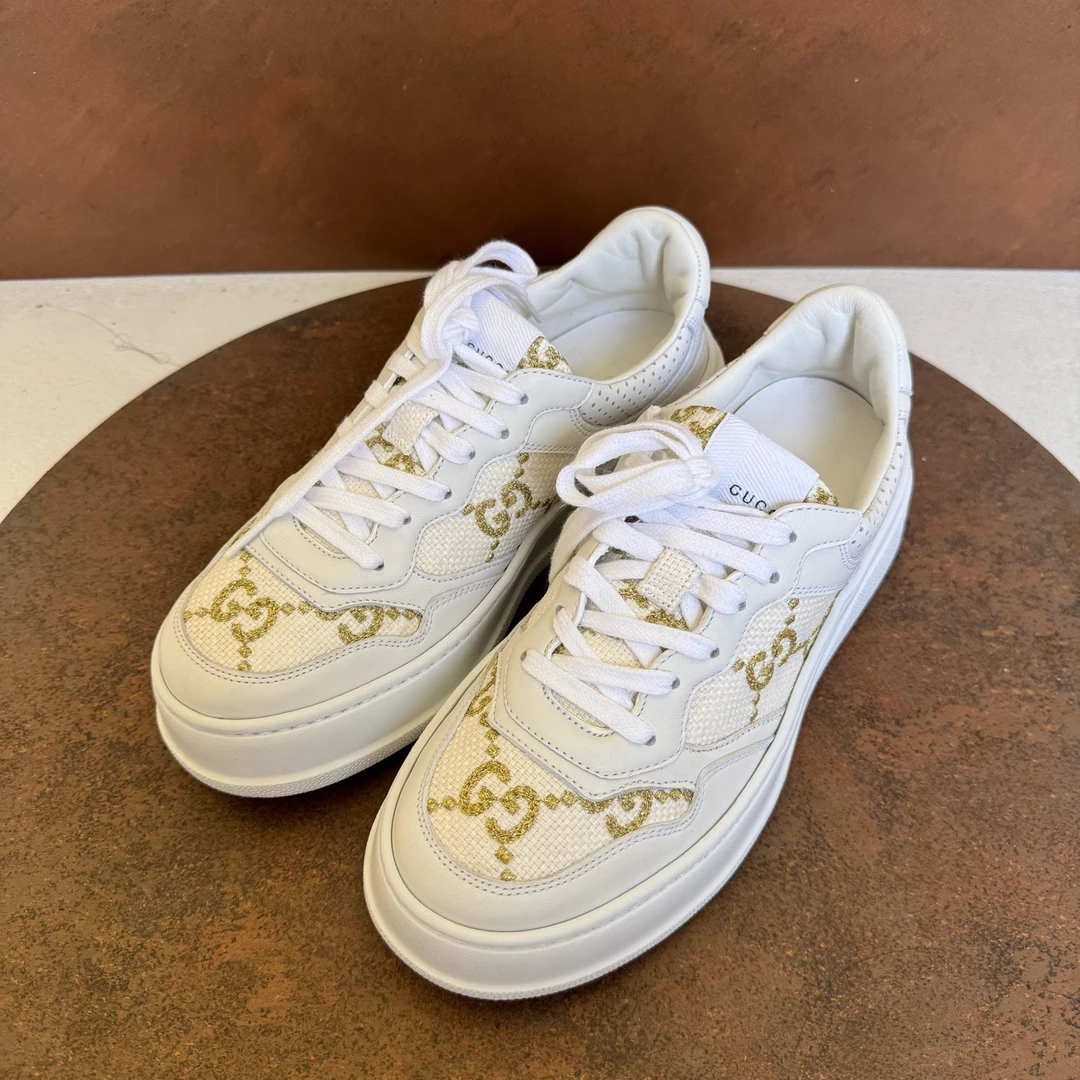 99新 GUCCI/古驰 古驰/Gucci/金丝织物白色厚底饼干鞋/38码