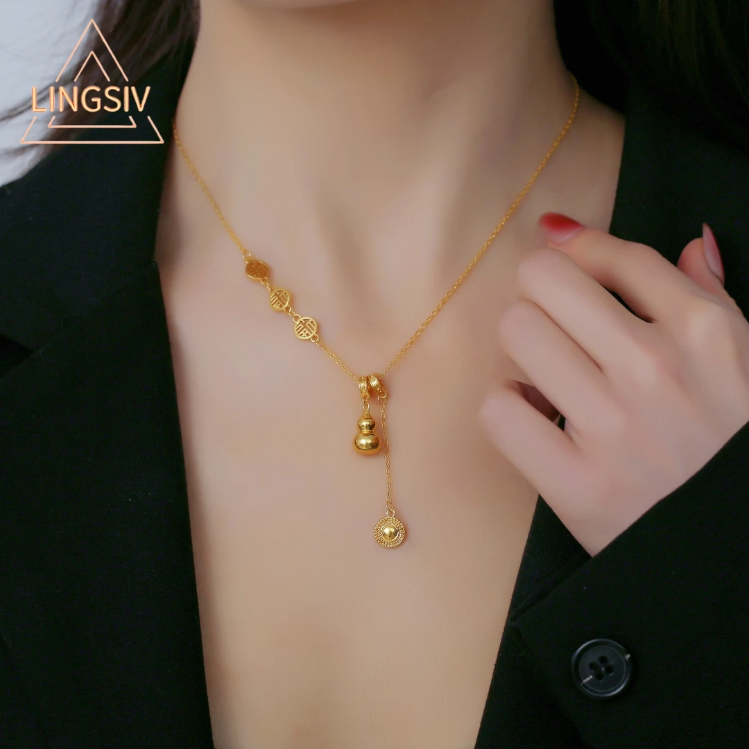 铜合金项链 新中式轻奢葫芦福字葫芦项链女百搭流苏吊坠锁骨链潮