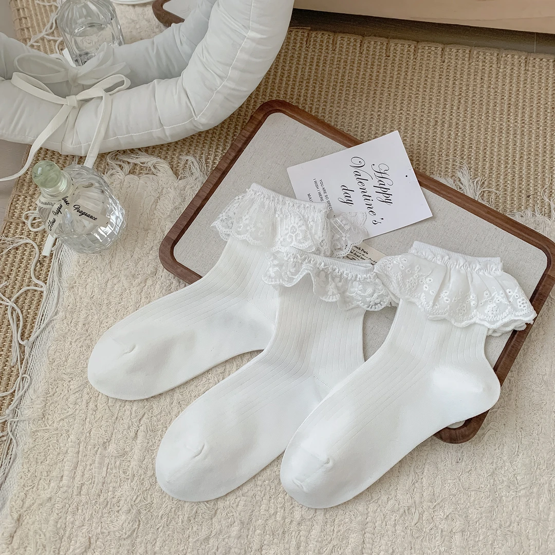 C3298蕾丝花边甜美可爱中筒袜【3双一组】