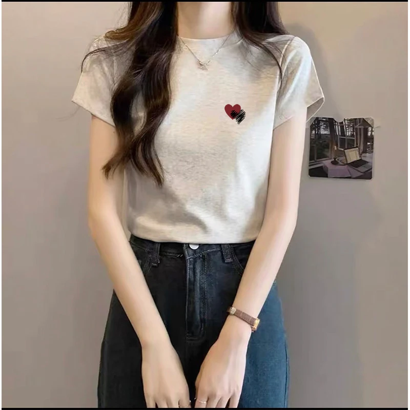 夏季薄款2025年新款正肩纯棉短袖t恤女百搭洋气灰色上衣打底衫潮