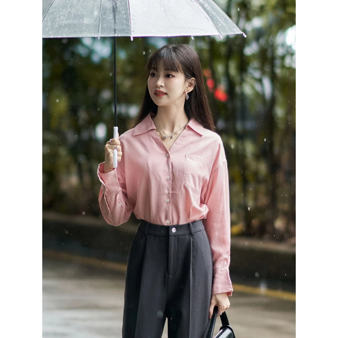 2054柒量一裁小个子粉色翻领长袖衬衫通勤高级感衬衣女士气质上衣