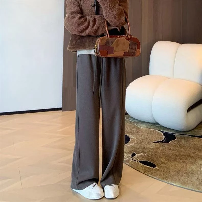 悦享女装2024冬季新款羊毛醋酸显瘦休闲裤长裤保暖加厚高腰直筒裤