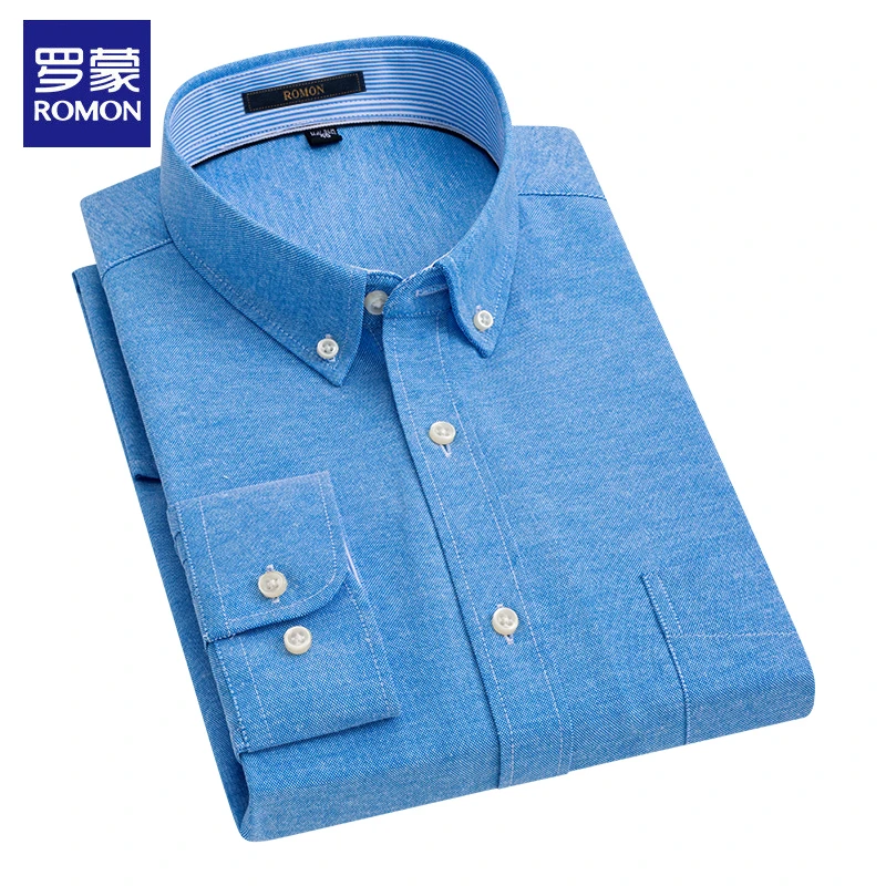 罗蒙春秋季新款蓝色衬衫男士商务休闲纯色衬衣中青年条纹长袖衬衣