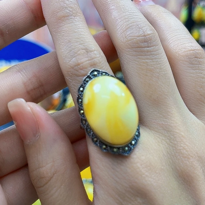 蜜蜡银S925镶嵌裸石戒指