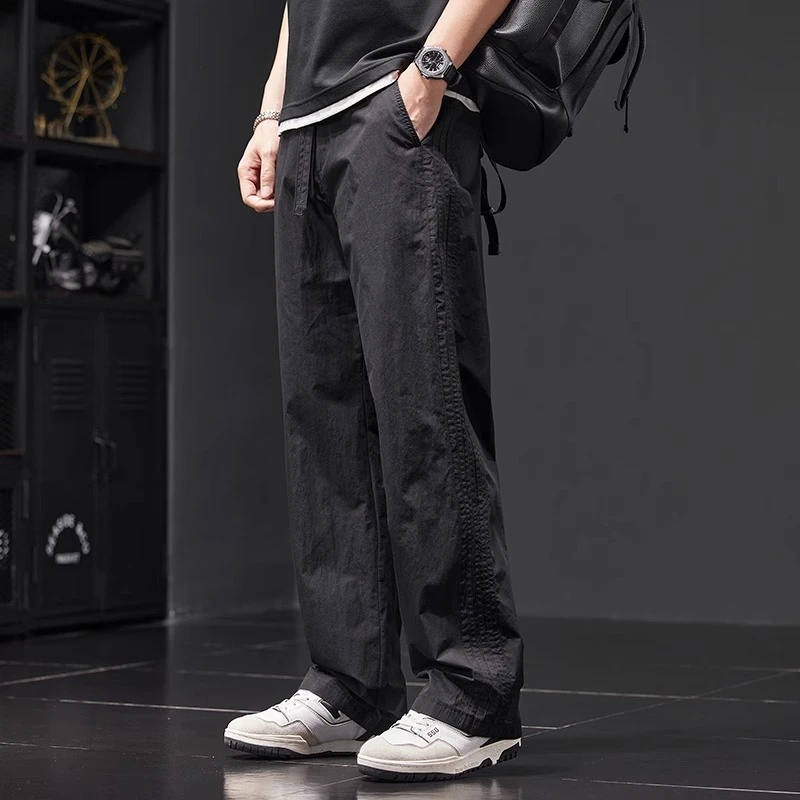 美式潮牌冰丝休闲裤男士2025夏季薄款宽松直筒阔腿速干工装裤子男