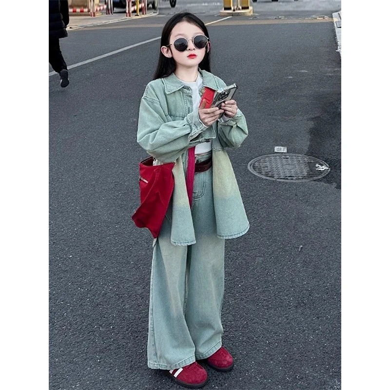 女童牛仔套装春秋2025新款儿童时髦春装女孩衬衫阔腿裤两件套洋气