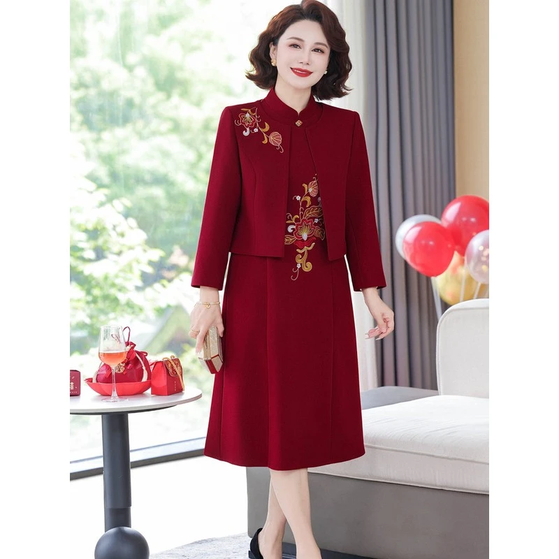 妈妈婚宴装春秋冬季连衣裙两件套新款喜服喜婆婆结婚礼服高贵套装