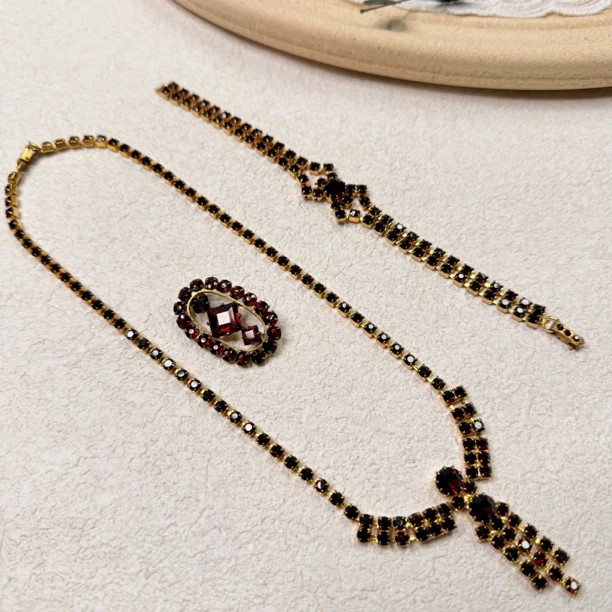 铜合金合成锆石项链 【六六中古】孤品复古项链三件套th6816长42