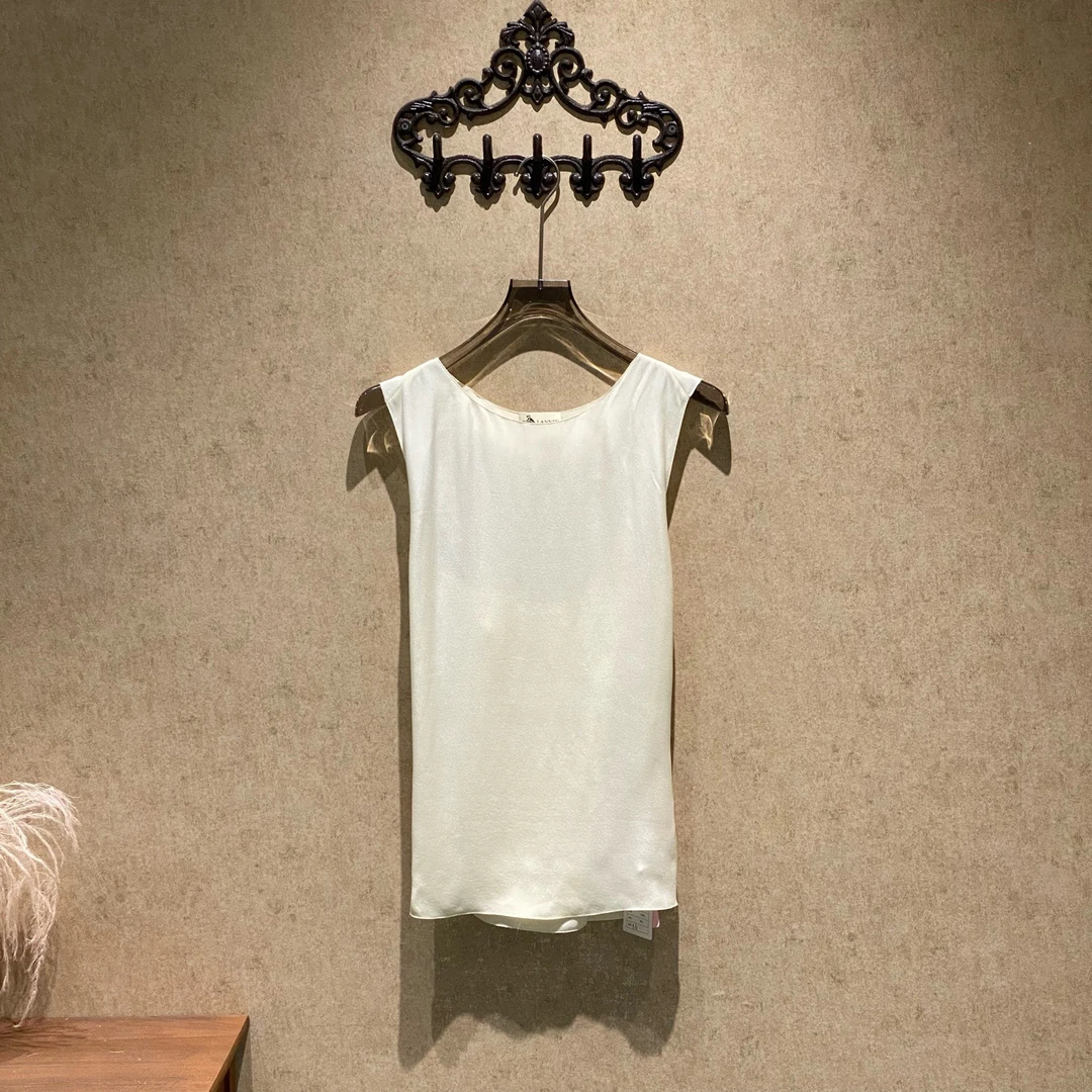 99新 LANVIN Lanvin米白色不规则桑蚕丝短袖/36码/38067