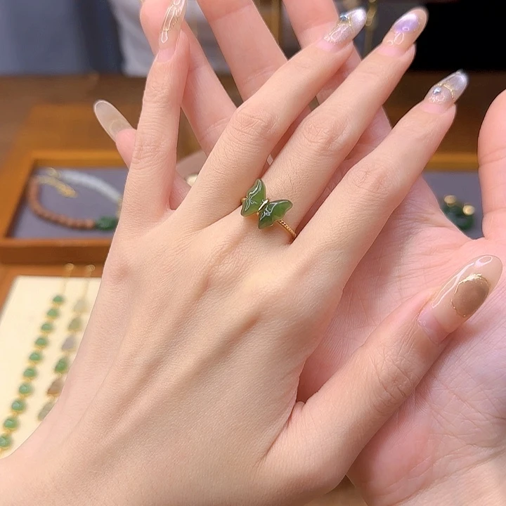 和田玉银S925镀金镶嵌戒指
