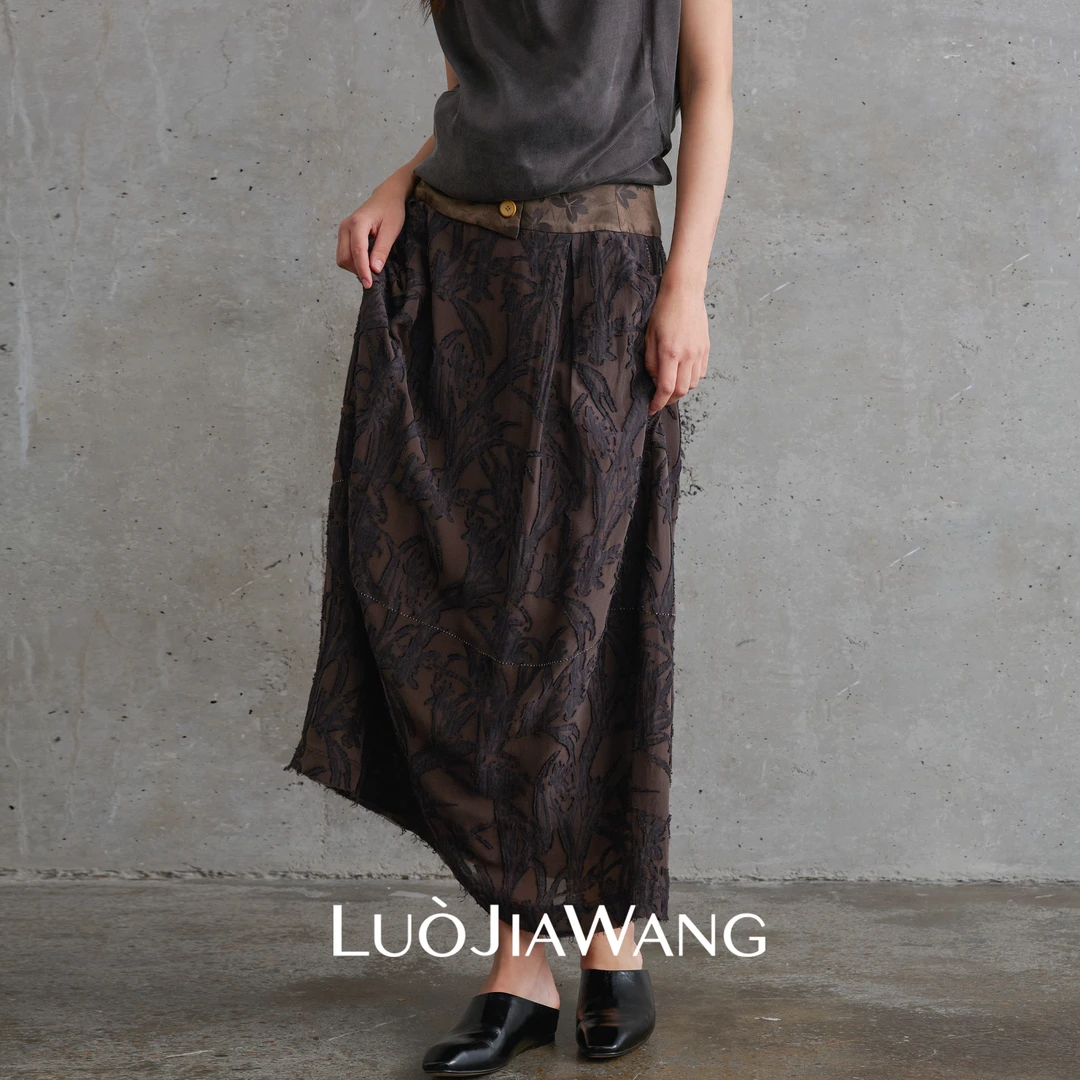 桑蚕丝亚麻剪花腰间双扣半松紧腰复古优雅半身裙LUOJIAWANG