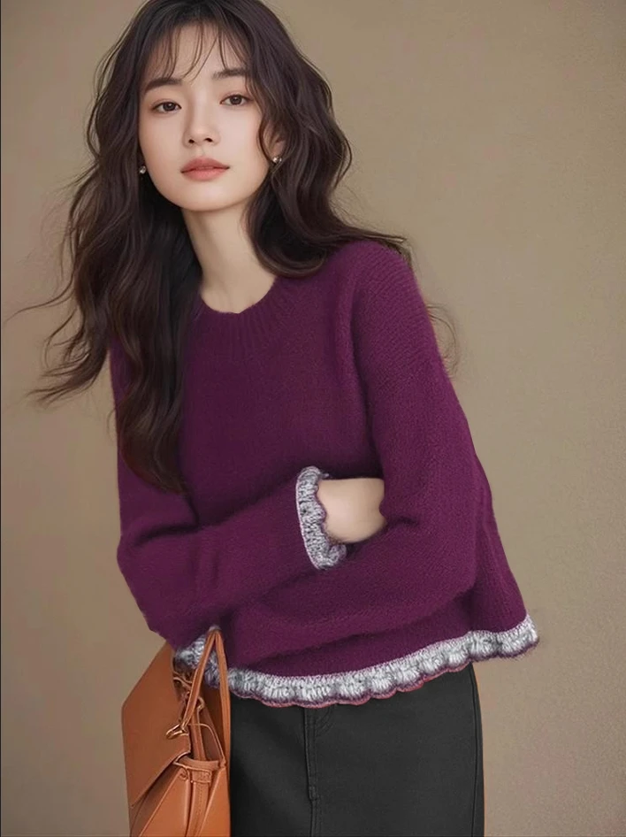 欧货重工小香风紫色花边套头针织衫毛衣女2025新款冬季慵懒高级感
