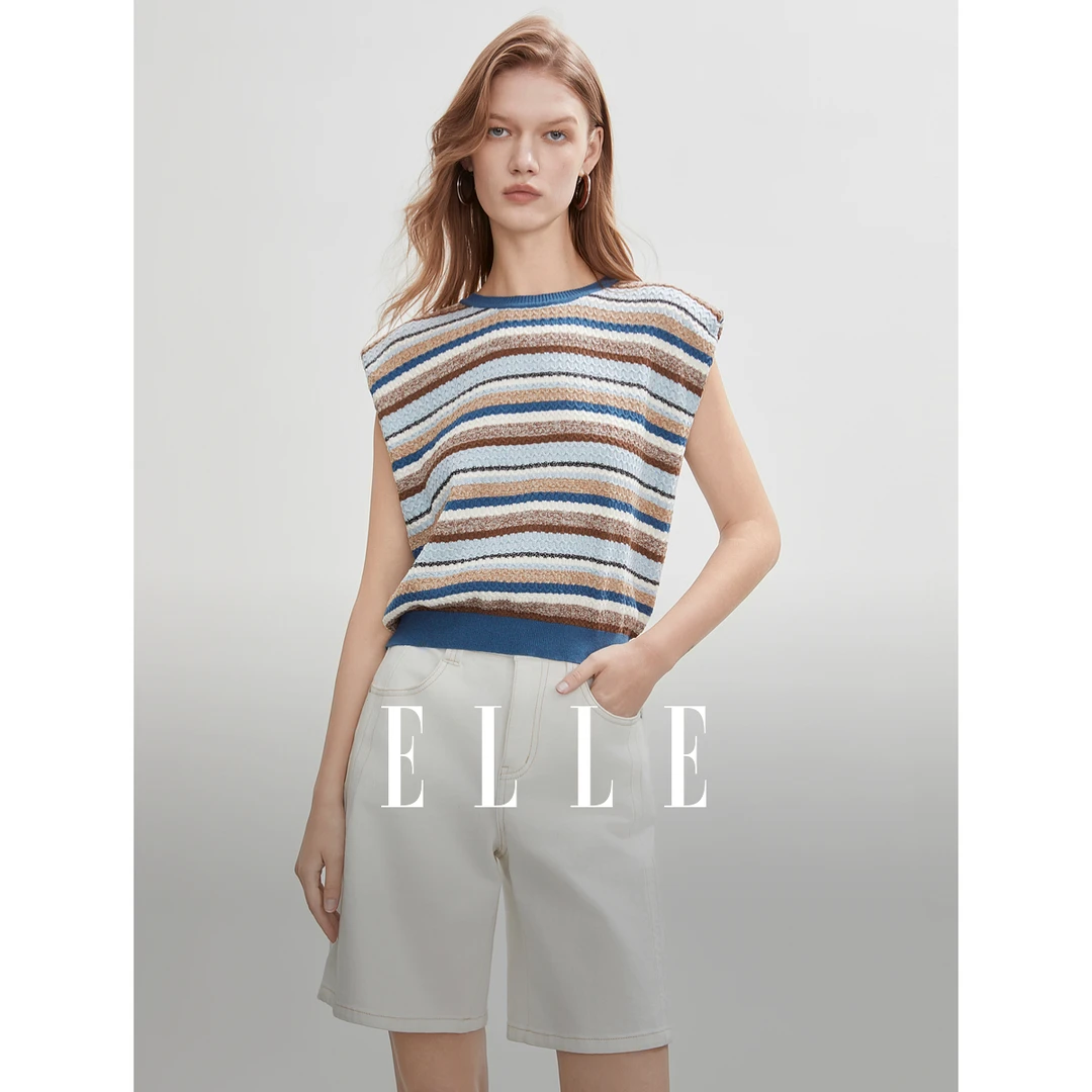 ELLE复古彩条撞色针织短袖女2025夏新款无袖休闲宽松EZ51509