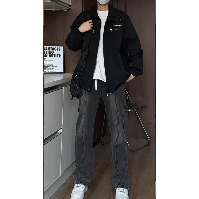 早秋痞帅男士立领潮牌夹克美式金属设计宽松上衣hiphop飞行员外套