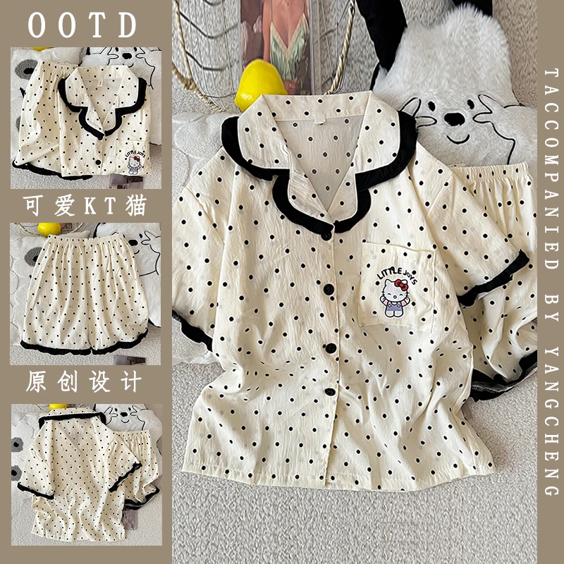韩系可爱KT猫波点睡衣女夏季薄款撞色边短袖短裤舒适家居服两件套