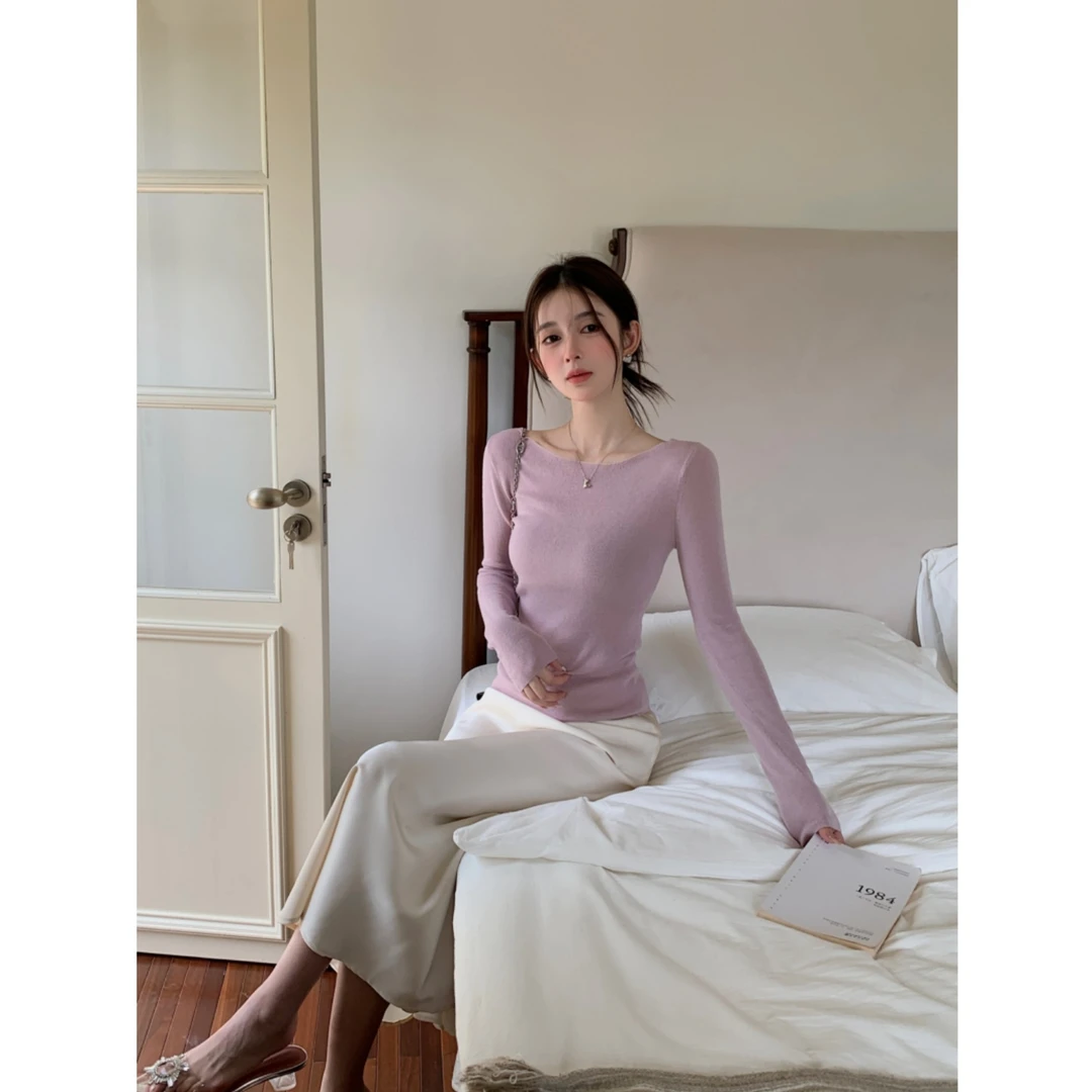 向晚.线上商店新款一字领羊毛针织打底衫修身显瘦上衣温柔纯欲风