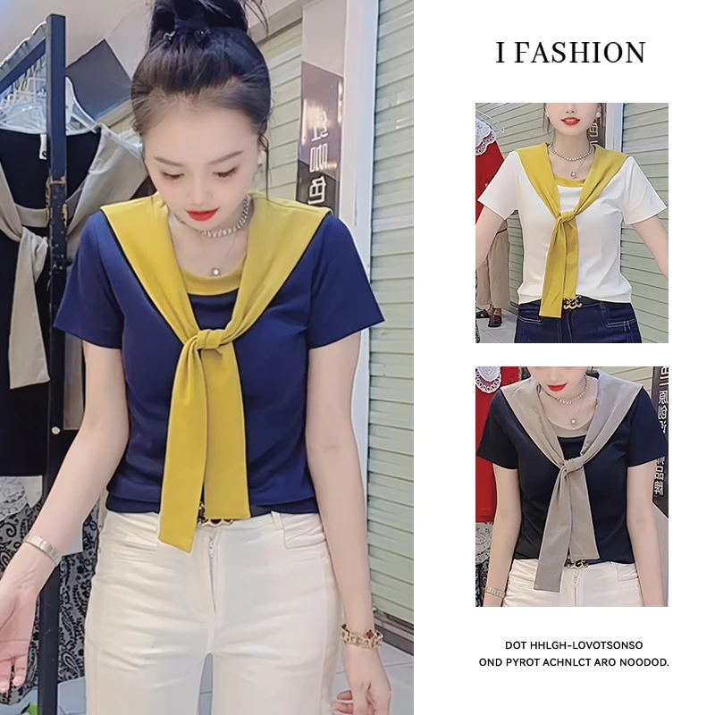 高含棉时尚拼接撞色t恤女2025年春秋新款休闲假两件显瘦披肩上衣