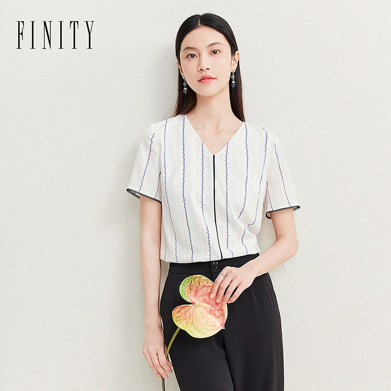 FINITY 雪纺衫25夏季新款简约气质V领百搭条纹上衣 F21Y5C35T2