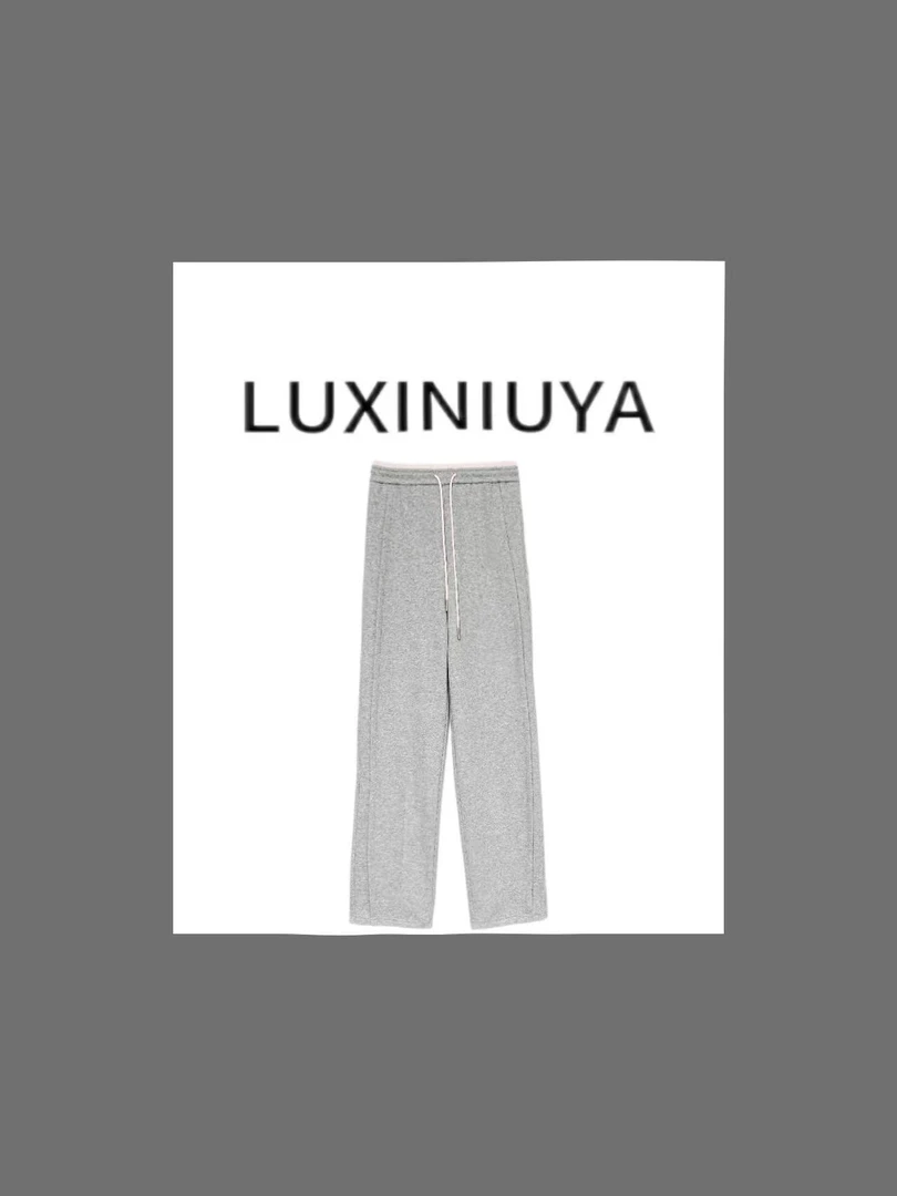 【LUXINIUYA】粉缚灰轨  新款刺绣抽绳线条设计显瘦长裤#QDK80120
