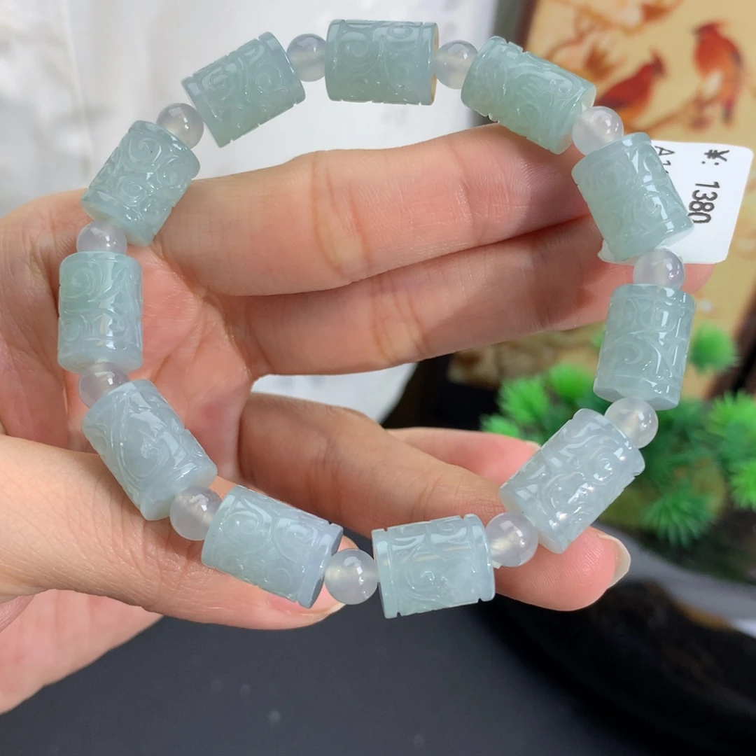 翡翠未镶嵌手串卡10-13胶润蓝回纹手串