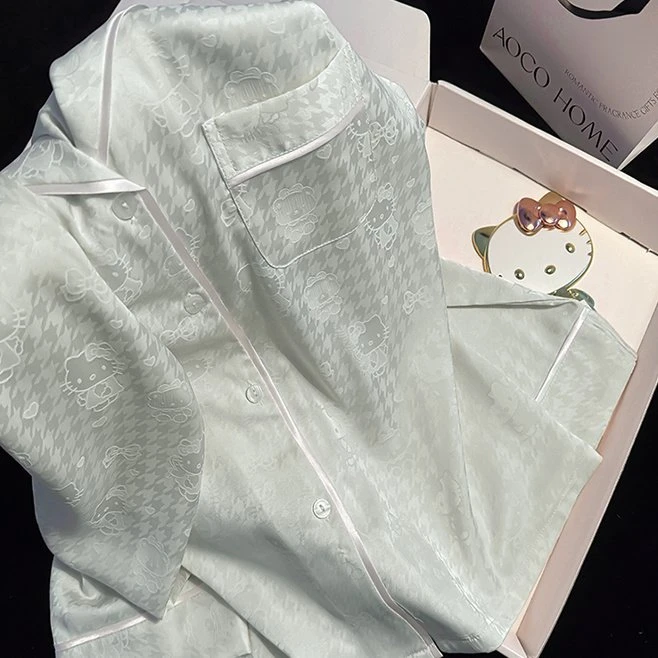 冰丝睡衣女夏季两件套千鸟格可爱kitty猫清凉ins高级感家居服