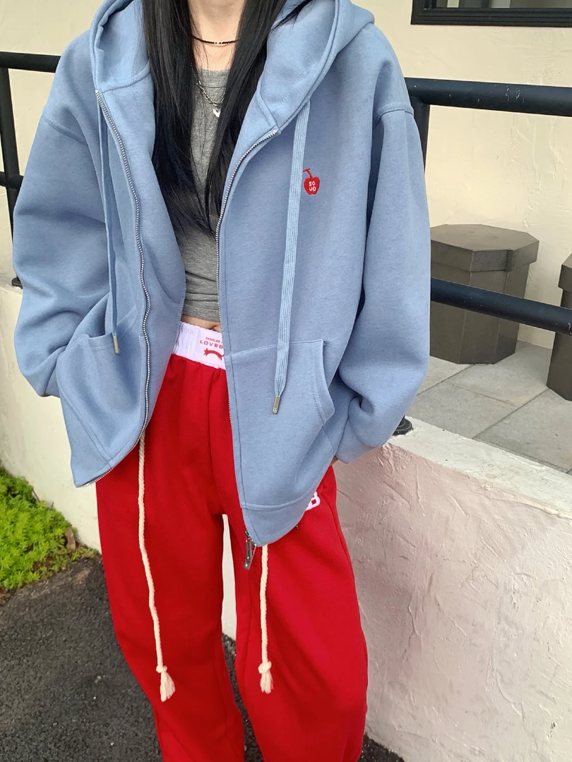 刺绣小苹果简约气质开衫百搭拉链休闲卫衣外套云小熊服饰