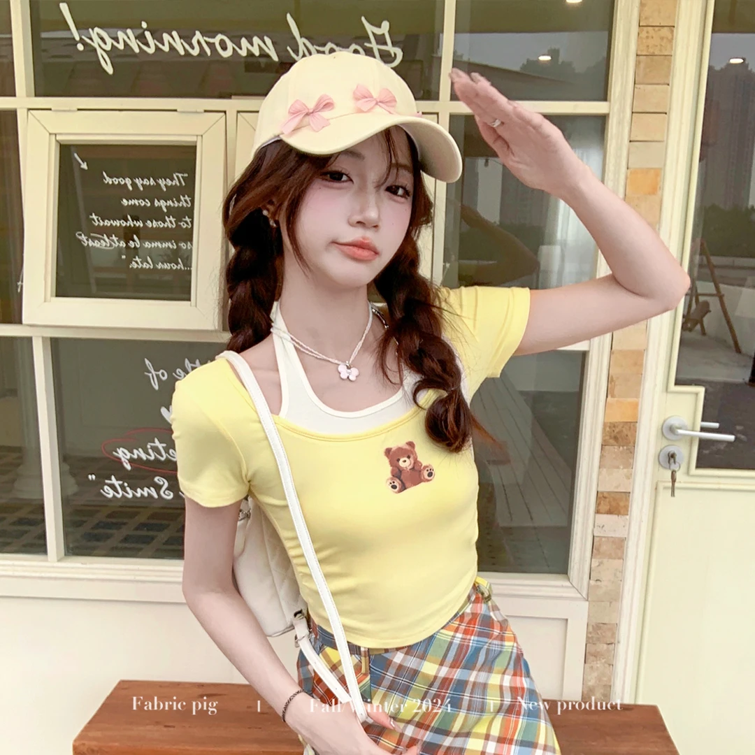 奶黄小熊 织物猪原创 甜美风多巴胺印花短袖T恤格子显瘦半身裙