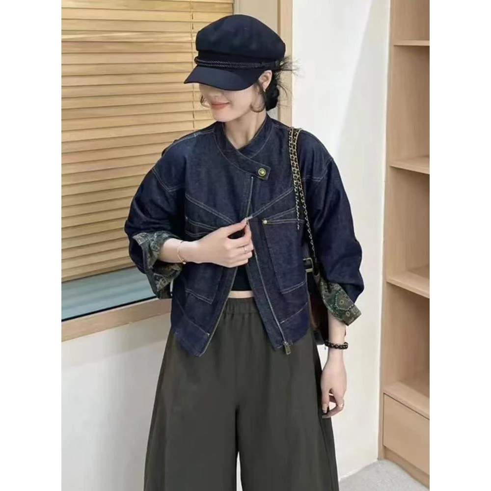 复古立领撞色牛仔短外套女秋季新款宽松袖口提花百搭休闲上衣