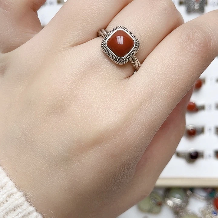 玛瑙/玉髓戒指银S925镶嵌天然