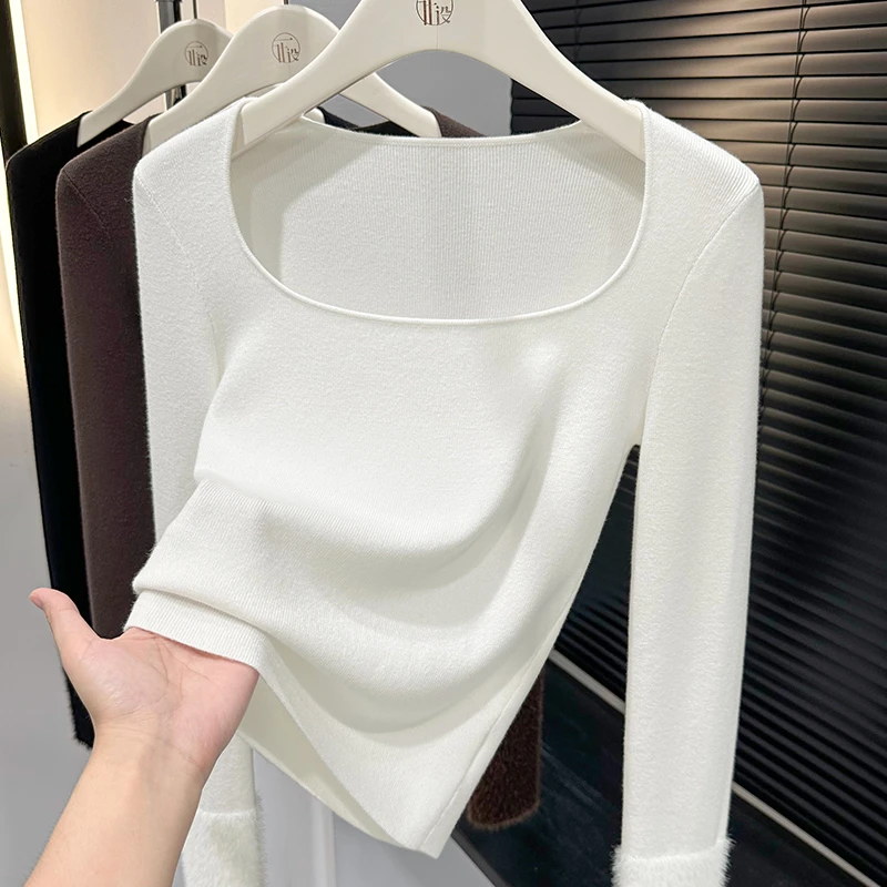 纯欲毛毛袖方领针织衫女秋季新款显瘦小香风长袖t恤收腰打底上衣