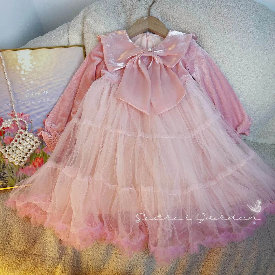 粉色蝴蝶结加绒可爱风洋气童裙甜美女宝秋冬公主裙礼服日常儿童