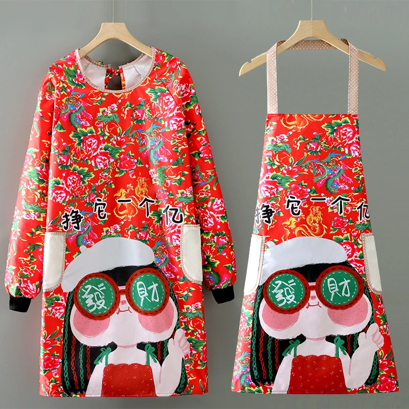 防水大花围裙长袖家用厨房做饭防油罩衣男女通用耐脏工作服东北风