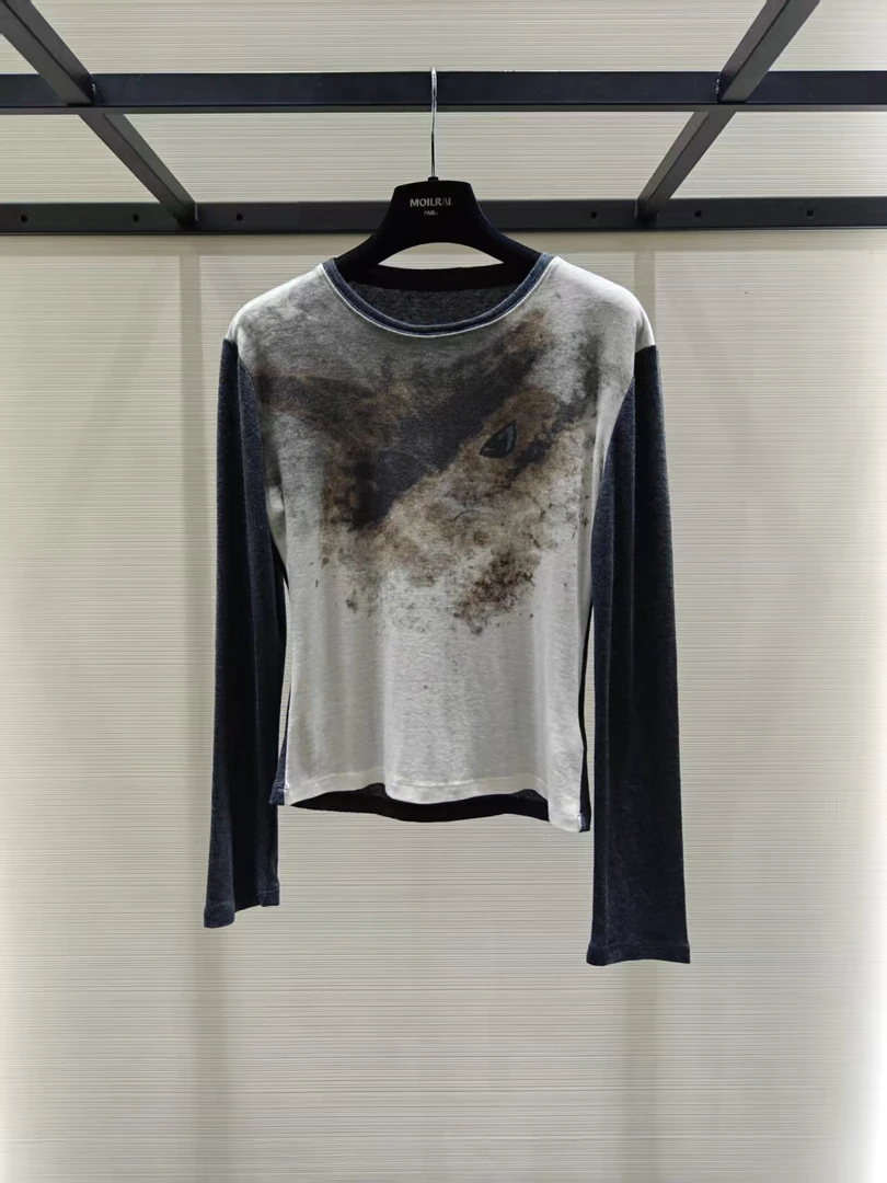 设计师新款圆领撞色模糊猫咪印花休闲百搭长袖T恤 XM2522386