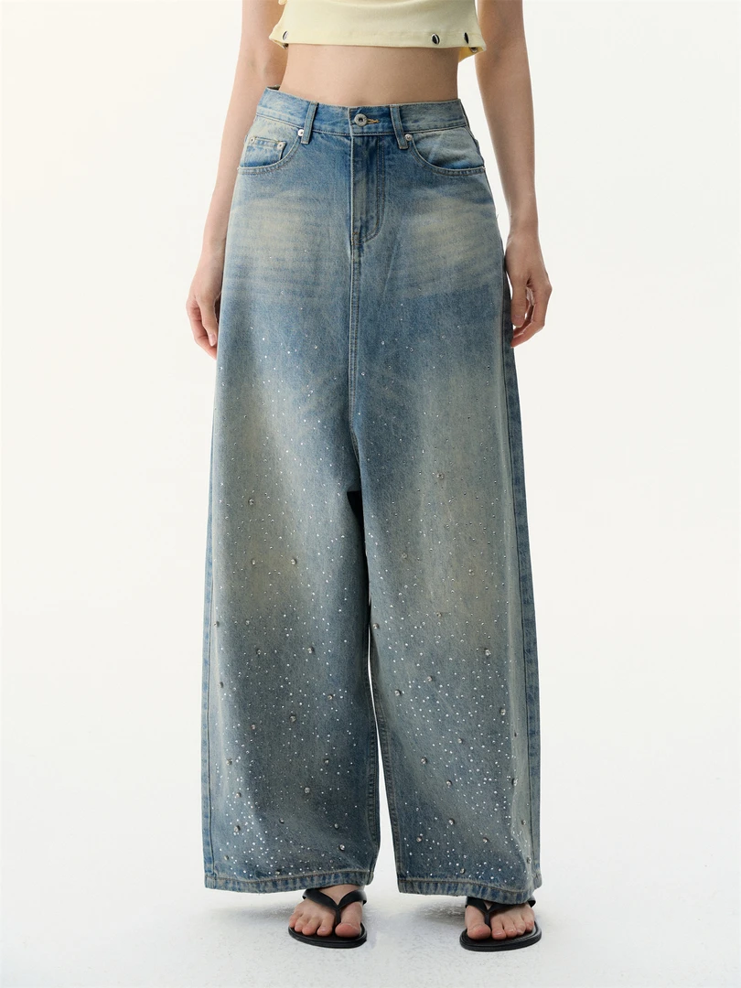 【CHUN ZI】烫钻低档设计感水洗牛仔裤直筒美式裤子阔腿裤