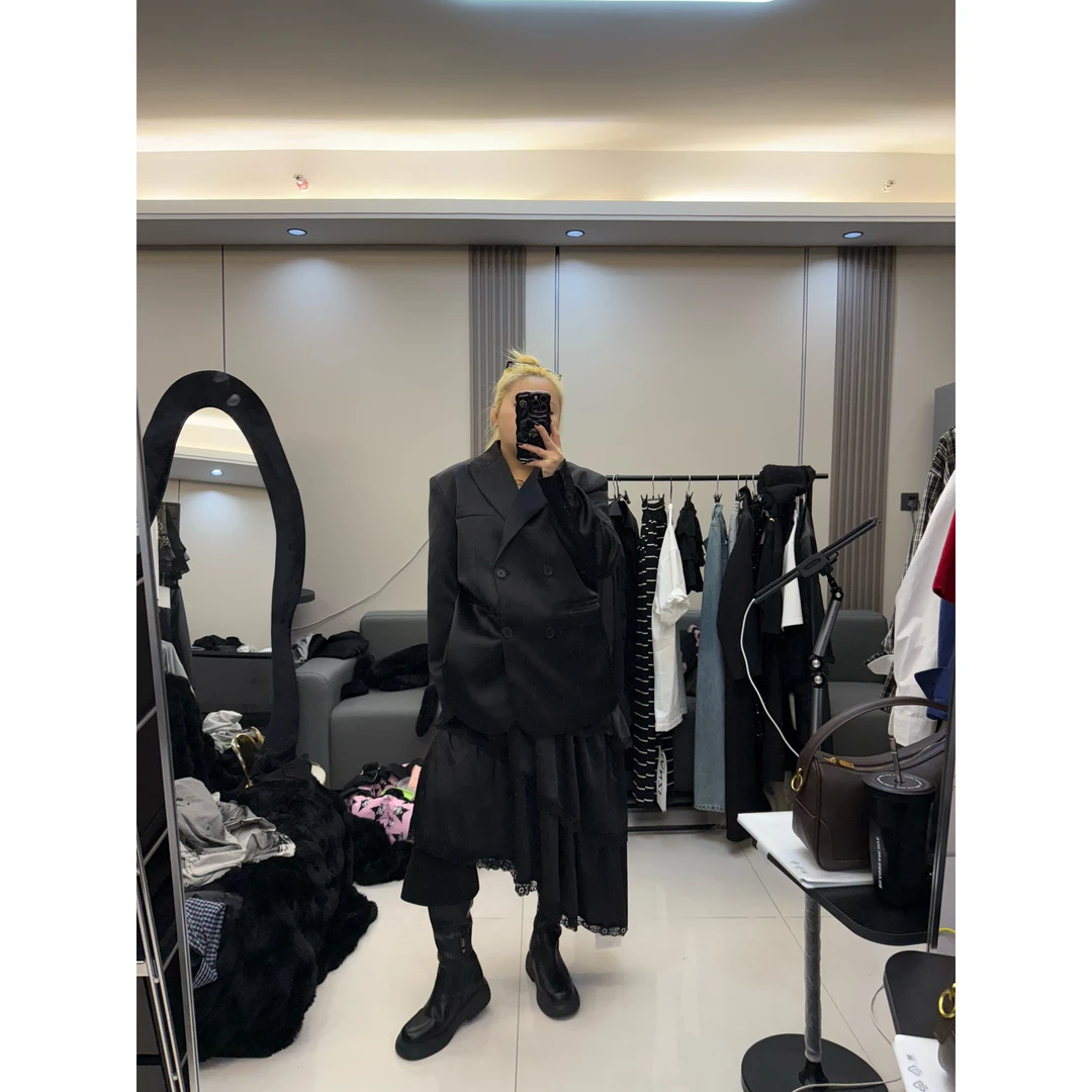 【KAKA】缎面黑色西装小众外套