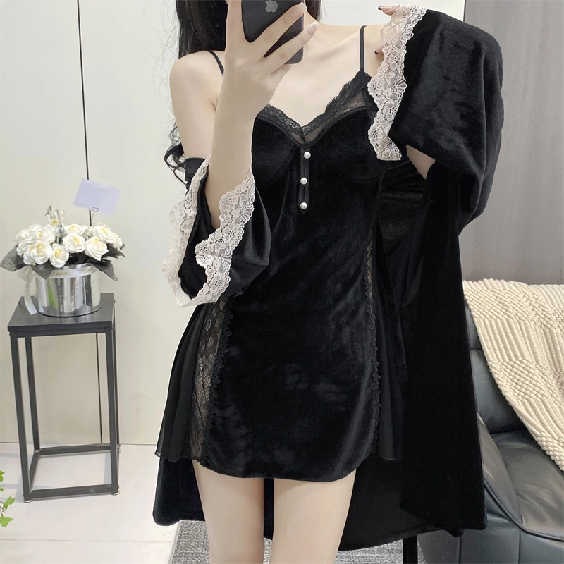 【曙光】性感睡衣女2025新款纯欲风高级感带胸垫丝绒吊带睡裙两件套