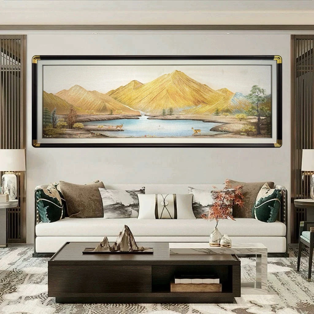 新款金山宝盆新中式刺绣客厅沙发背景横幅装饰画