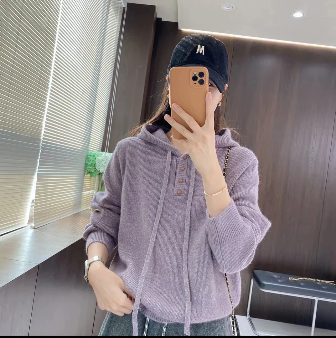 紫色连帽毛衣女士秋冬宽松慵懒风软糯减龄显瘦内搭打底针织衫上衣