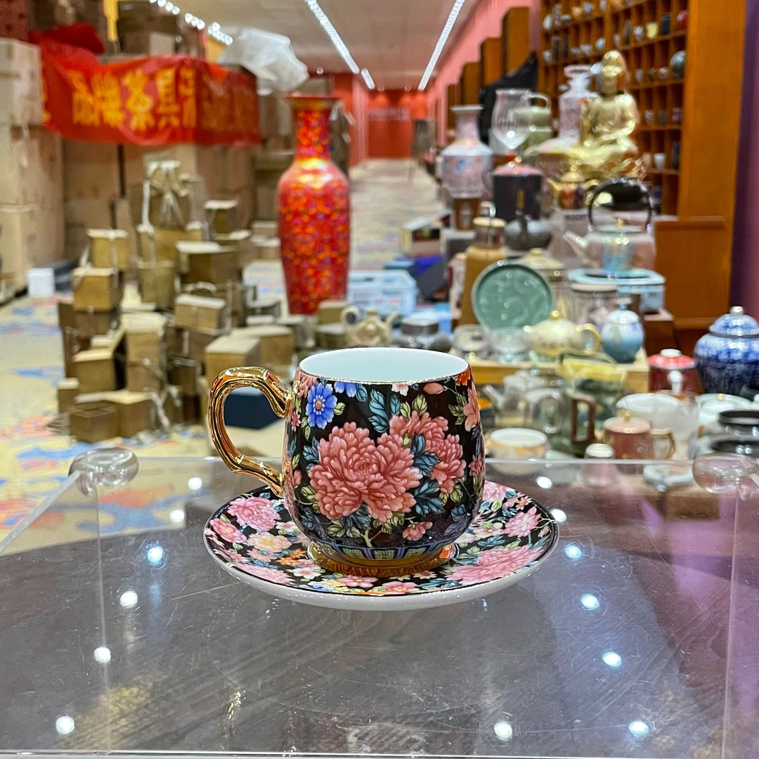 【闪购商品】万花咖啡杯-黑色珐琅彩（礼盒），001316