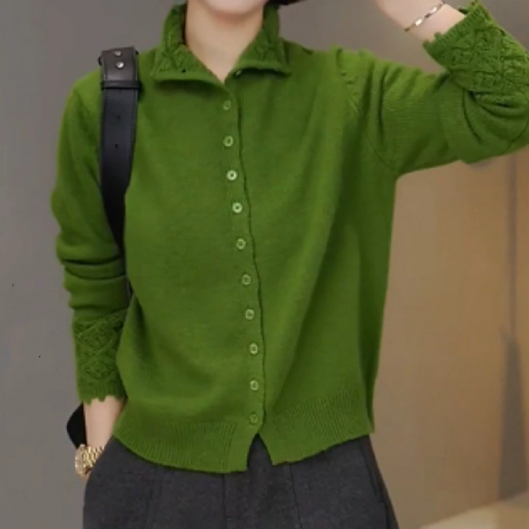 绿色翻领毛衣开衫女秋冬慵懒风宽松内搭半高领勾花打底针织衫上衣